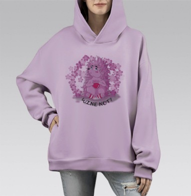 Розовый ёжик с бокалом вина Призыв к веселью, Hoodie Mono Fiolet, оверсайз, утепленная