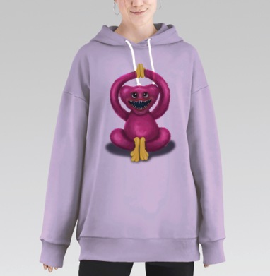 Розовый пушистый монстр в позе лотоса на сером фоне, Hoodie Long Oversize Fiolet
