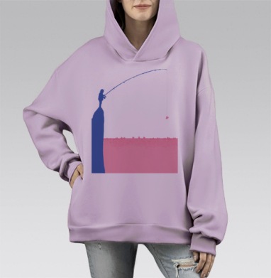 Рыбак ловит сердце на скале голубой и розовый цвет, Hoodie Mono Fiolet, оверсайз, утепленная