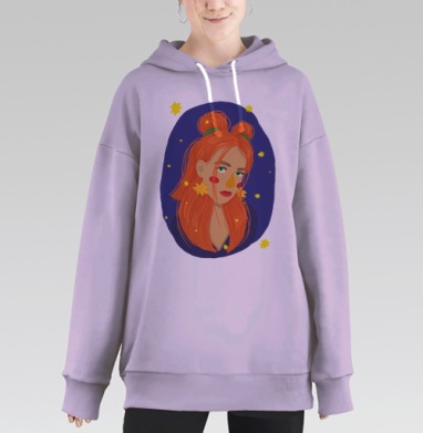 Рыжеволосая грустная девушка звездное небо, Hoodie Long Oversize Fiolet