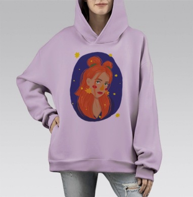 Рыжеволосая грустная девушка звездное небо, Hoodie Mono Fiolet, оверсайз, утепленная