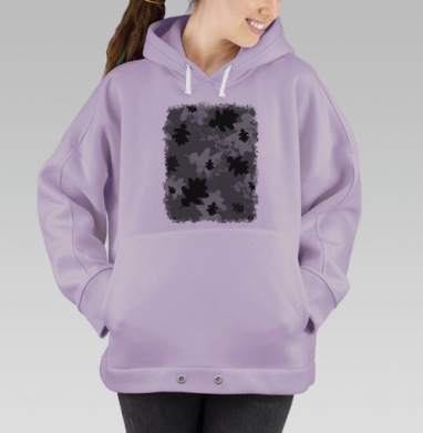 Серый темный узор осенних листьев в черно серых, Hoodie Oversize Fiolet