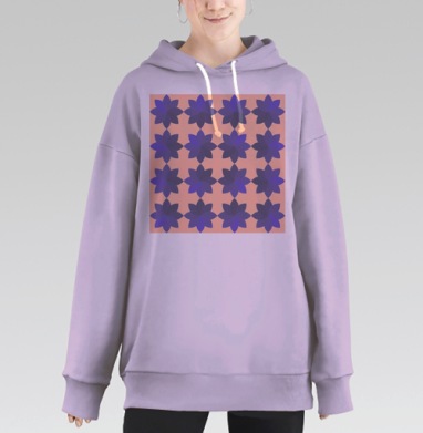 Симметричные фиолетовые цветы на персиковом фоне, Hoodie Long Oversize Fiolet