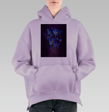 Синие Цветы в Темноте Магическая Красота природы, Hoodie Oversize Fiolet, утепленная