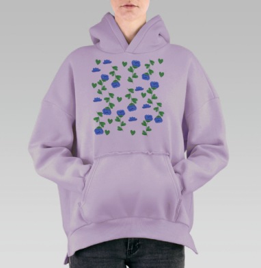 Синие цветы зеленые листья на светлом фоне для мебели, Hoodie Oversize Fiolet, утепленная