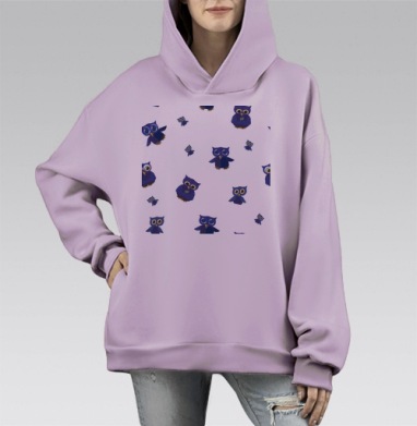 Синие совы на сером фоне для детей, Hoodie Mono Fiolet, оверсайз, утепленная