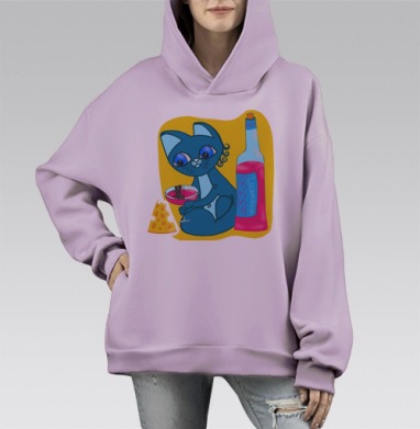 Синий кот с бокалом и мышью у сыра и бутылки Валентинка, Hoodie Mono Fiolet, оверсайз, утепленная