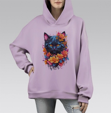 Синий кот с цветами венок нежный образ, Hoodie Mono Fiolet, оверсайз, утепленная