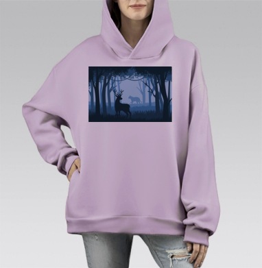 Синий лес олень и волк в ночном воздухе, Hoodie Mono Fiolet, оверсайз, утепленная