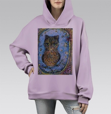Сказочный совёнок на ветке с ночным небом на ветке с ночным небом, Hoodie Mono Fiolet, оверсайз, утепленная