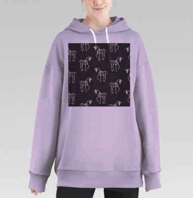 Скелеты Единорогов Бело Черный Фантастический Узоры, Hoodie Long Oversize Fiolet