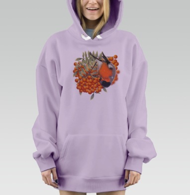 Снегирь на ветке рябины зимой на светлом фоне, Hoodie Mjhigh Dig Mel, Fiolet, утепленная