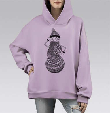 Снеговик с узорами и красным акцентом на фоне зимних сцен, Hoodie Mono Fiolet, оверсайз, утепленная