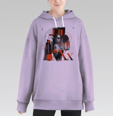 Современный портрет уверенной женщины с городским фоном Description Five, Hoodie Long Oversize Fiolet