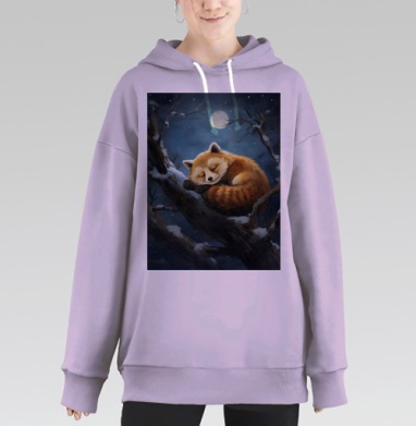 Спящая рыжая панда на ветке дерева ночью, Hoodie Long Oversize Fiolet