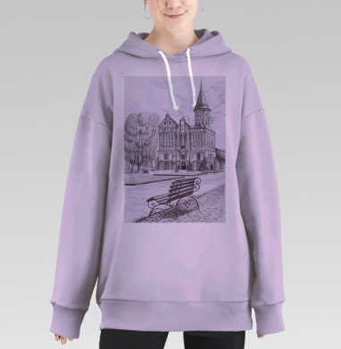 Старая крепость с часами и пустая скамейка в парке, Hoodie Long Oversize Fiolet