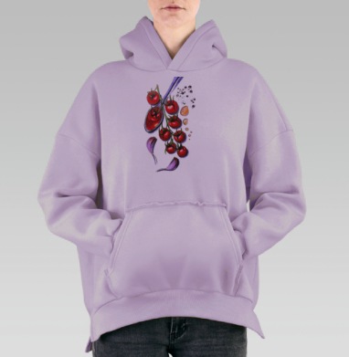 Свежие красные помидоры на ветке с приправами для готовки, Hoodie Oversize Fiolet, утепленная