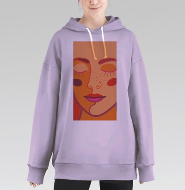 Теплый женский портрет с закрытыми глазами крупным планом, Hoodie Long Oversize Fiolet