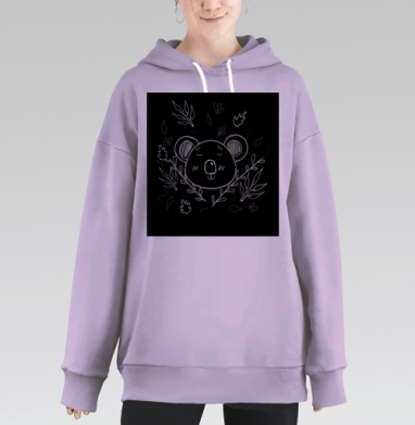 Умиротворённый медведь в окружении листьев на чёрном фоне, Hoodie Long Oversize Fiolet