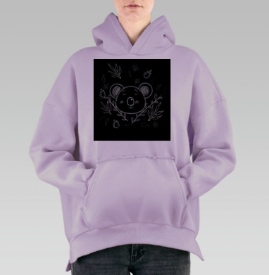 Умиротворённый медведь в окружении листьев на чёрном фоне, Hoodie Oversize Fiolet, утепленная