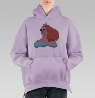 Уверенная рыжеволосая женщина с кораблем на голове и волной, Hoodie Oversize Fiolet, утепленная