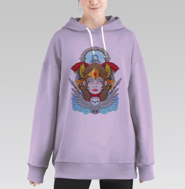Величественная женщина с совой и римскими шлемами на фоне храма, Hoodie Long Oversize Fiolet