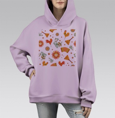 Веселая Масленица с петухами балалайкой и солнцем, Hoodie Mono Fiolet, оверсайз, утепленная