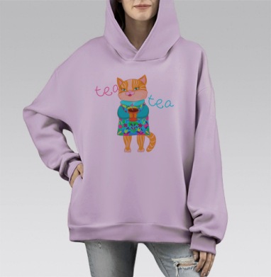 Весёлая рыжая кошка с чашкой чая в яркой одежде, Hoodie Mono Fiolet, оверсайз, утепленная
