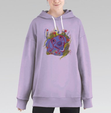 Веселая синяя собака в ярких цветах веселая мордочка собаки, Hoodie Long Oversize Fiolet