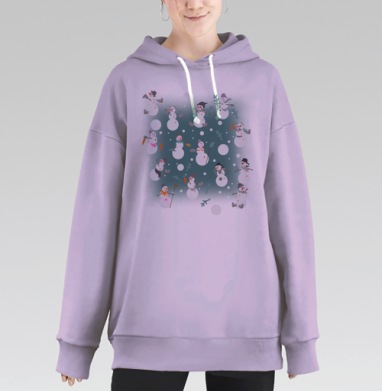 Веселые снеговики с морковками и сапогами на сером фоне, Hoodie Long Oversize Fiolet