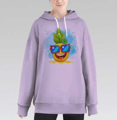 Веселый ананас в очках с лаймом над головой на сером фоне, Hoodie Long Oversize Fiolet