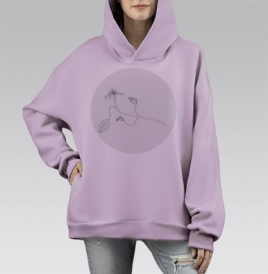 Ветвь с листьями и бутоном черно белая флора, Hoodie Mono Fiolet, оверсайз, утепленная