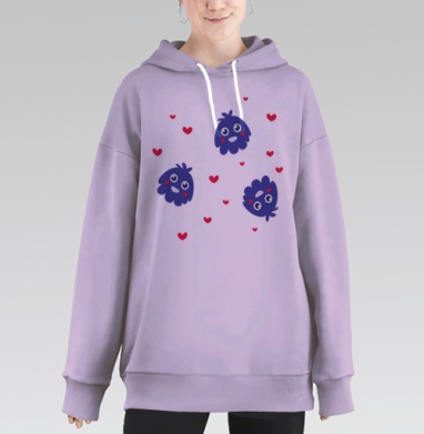 Влюбленная синяя тучка с сердечками на сером фоне, Hoodie Long Oversize Fiolet