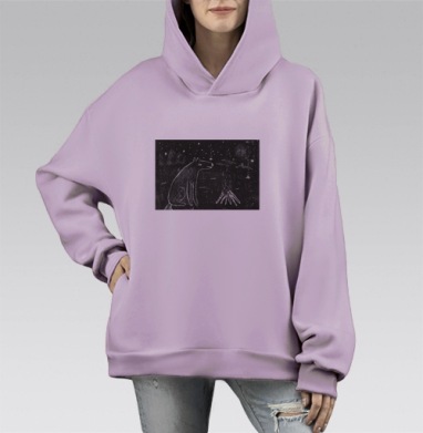 Волк у костра с далёкой стаей ночью, Hoodie Mono Fiolet, оверсайз, утепленная