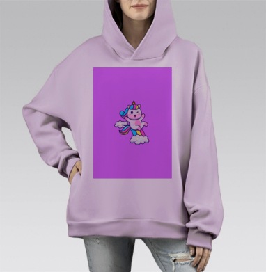 Волшебный радужный единорог прыгает на облаках в конце дня, Hoodie Mono Fiolet, оверсайз, утепленная