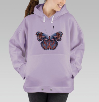 Яркая разноцветная бабочка на оранжевом фоне с неповторимыми мазками, Hoodie Oversize Fiolet