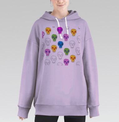 Яркие черепа разноцветные на сером фоне на сером фоне, Hoodie Long Oversize Fiolet