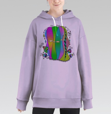Яркие цветные фигуры в полосатых оболочках мистической сцены, Hoodie Long Oversize Fiolet