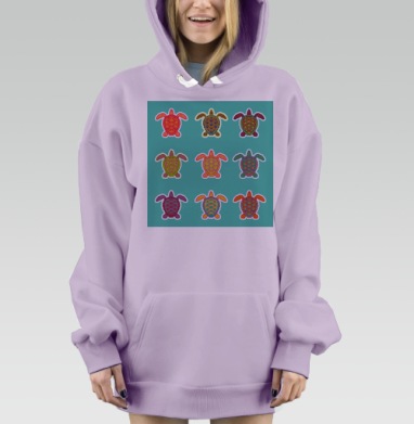 Яркие морские черепахи в орнаменте на бирюзовом фоне, Hoodie Mjhigh Dig Mel, Fiolet, утепленная