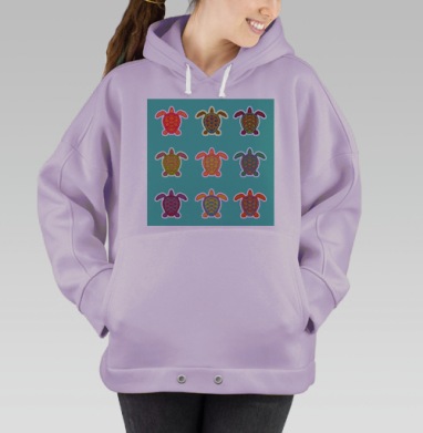 Яркие морские черепахи в орнаменте на бирюзовом фоне, Hoodie Oversize Fiolet
