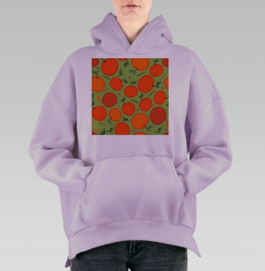 Яркие сочные мандарины с зеленой листвой на фоне, Hoodie Oversize Fiolet, утепленная