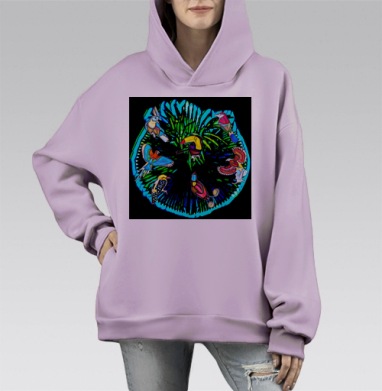 Яркие тропические птицы на зелёном фоне птичий базар, Hoodie Mono Fiolet, оверсайз, утепленная