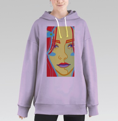 Яркий красочный портрет женского лица с рыбой на красном фоне, Hoodie Long Oversize Fiolet