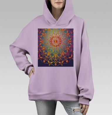 Яркий кружевной орнамент с оранжево-желтым сиянием на синем фоне, Hoodie Mono Fiolet, оверсайз, утепленная