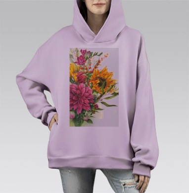 Яркий летний букет с подсолнухом и пионами в центре, Hoodie Mono Fiolet, оверсайз, утепленная