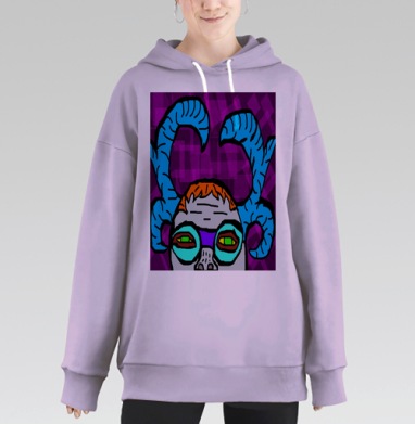 Яркий портрет с большими рогами и очками на пурпурном фоне, Hoodie Long Oversize Fiolet