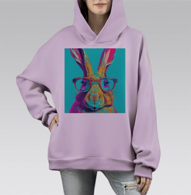 Яркий стильный кролик в очках в бирюзовом фоне, Hoodie Mono Fiolet, оверсайз, утепленная