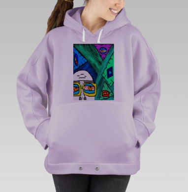 Яркое выразительное лицо в окружении глаз на синем фоне, Hoodie Oversize Fiolet