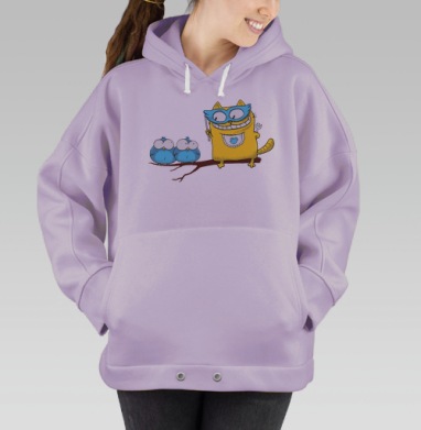 Yellow Superhero Cat / Желтый супергерой кот угрожает маленьким синим птичкам, Hoodie Oversize Fiolet