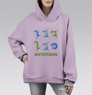 Зимние пингвины буквы креатив весело, Hoodie Mono Fiolet, оверсайз, утепленная